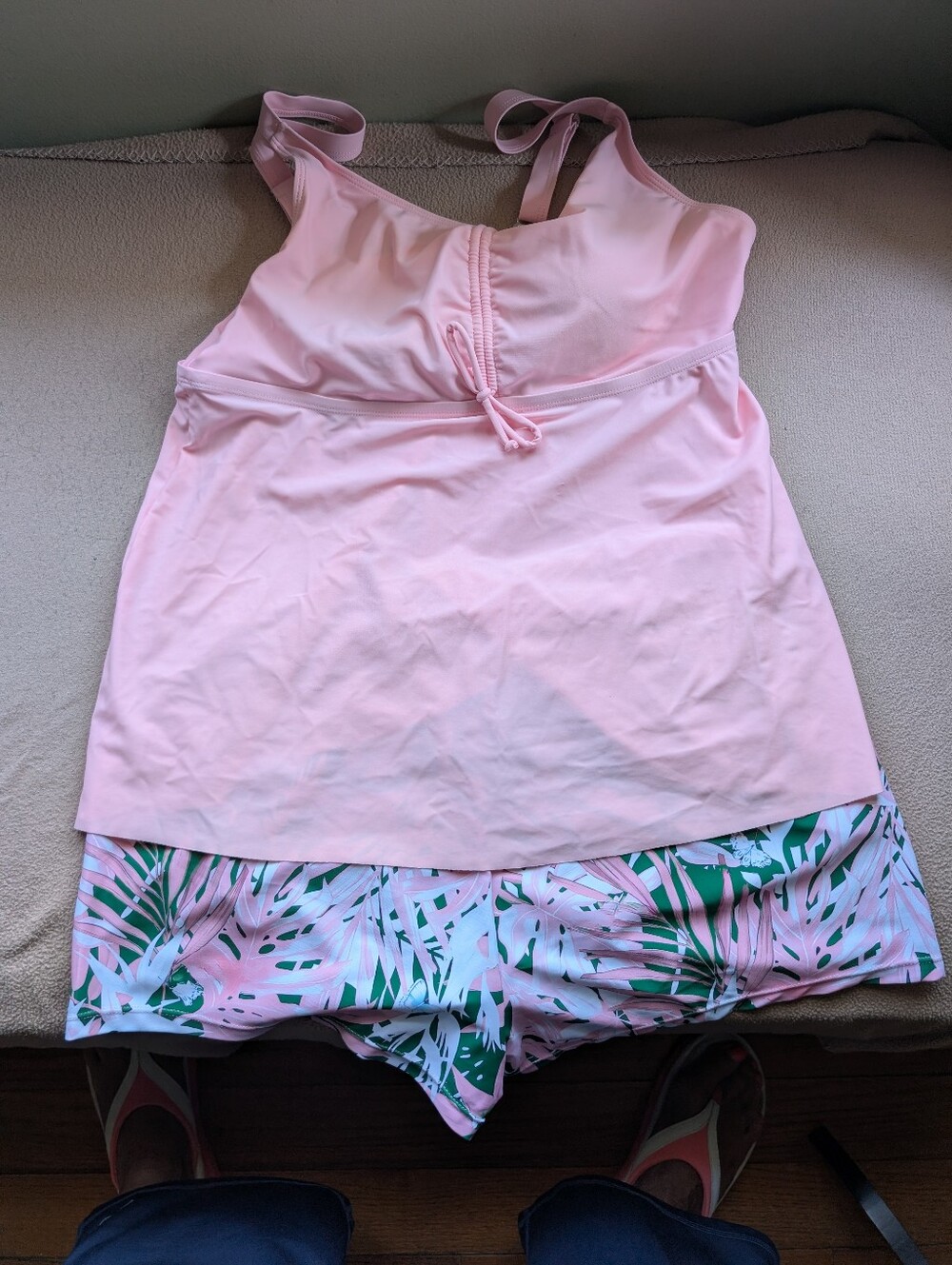 Women's Two Piece Swimsuit Pink Top Pink/Green Bottom Shorts Size XL